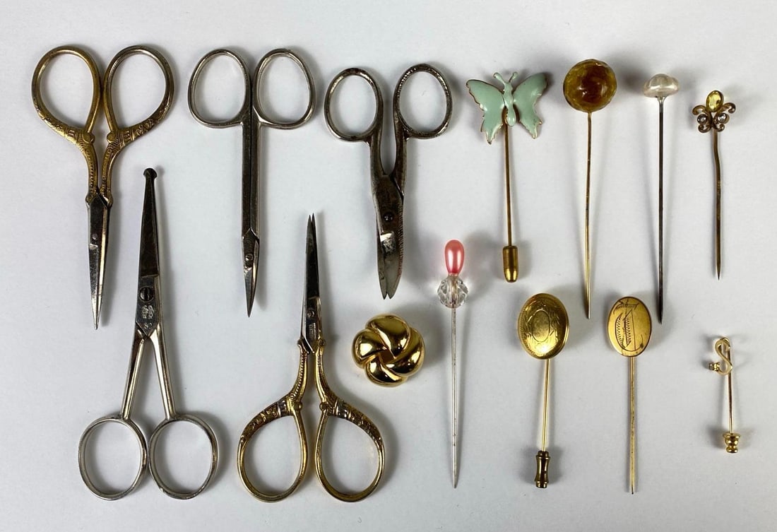 Group of Vintage Stick Pins and Scissors: Includes locket stick pin, cz, butterfly, and more, Largest measures 4 1/4 x 1 3/4 inches.