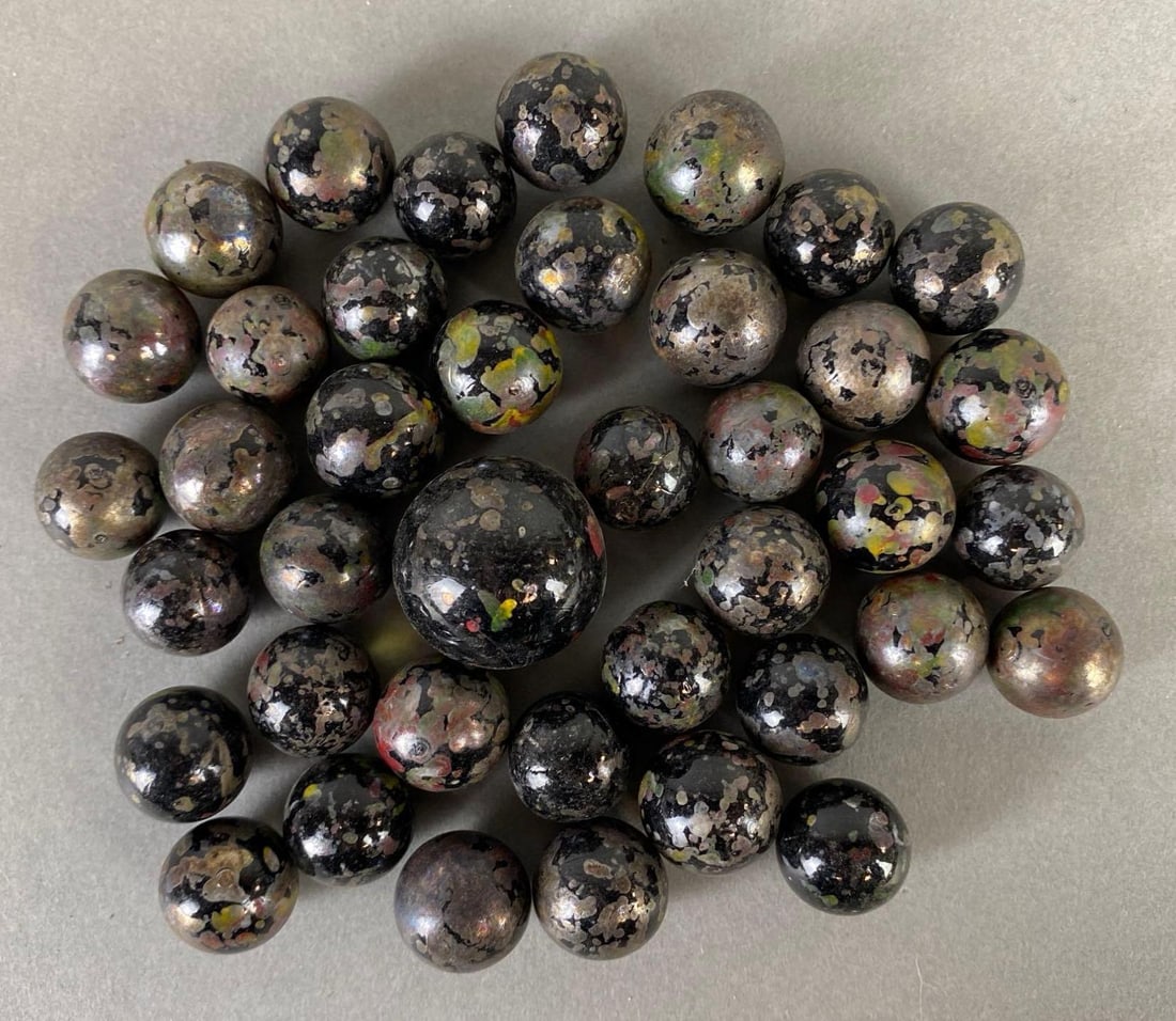 Group of Black Confetti Marbles: Group of vintage black confetti marbles