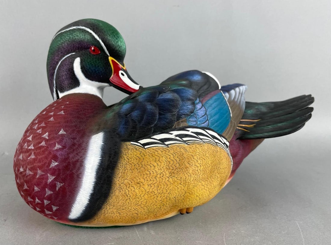 2003 Danbury Mint Jett Burnett Preening Woody Sculpture: Wood duck drake. Includes original packaging. Measures 7 x 12 x 6 1/2 inches