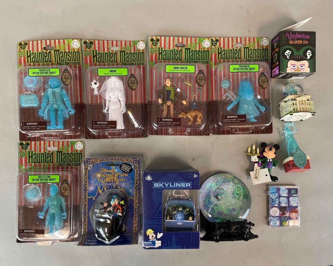 Group of Disney Haunted Mansion Action Figures and More: Includes Leota snow globe, skyliner, magnets, and more. 4 1/2 inch figures