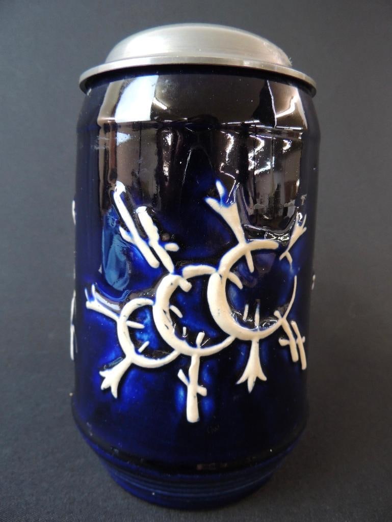 Antique German Blue Stein: 1L, approx. 8 1/2" to Pewter Thumb Lever #1495