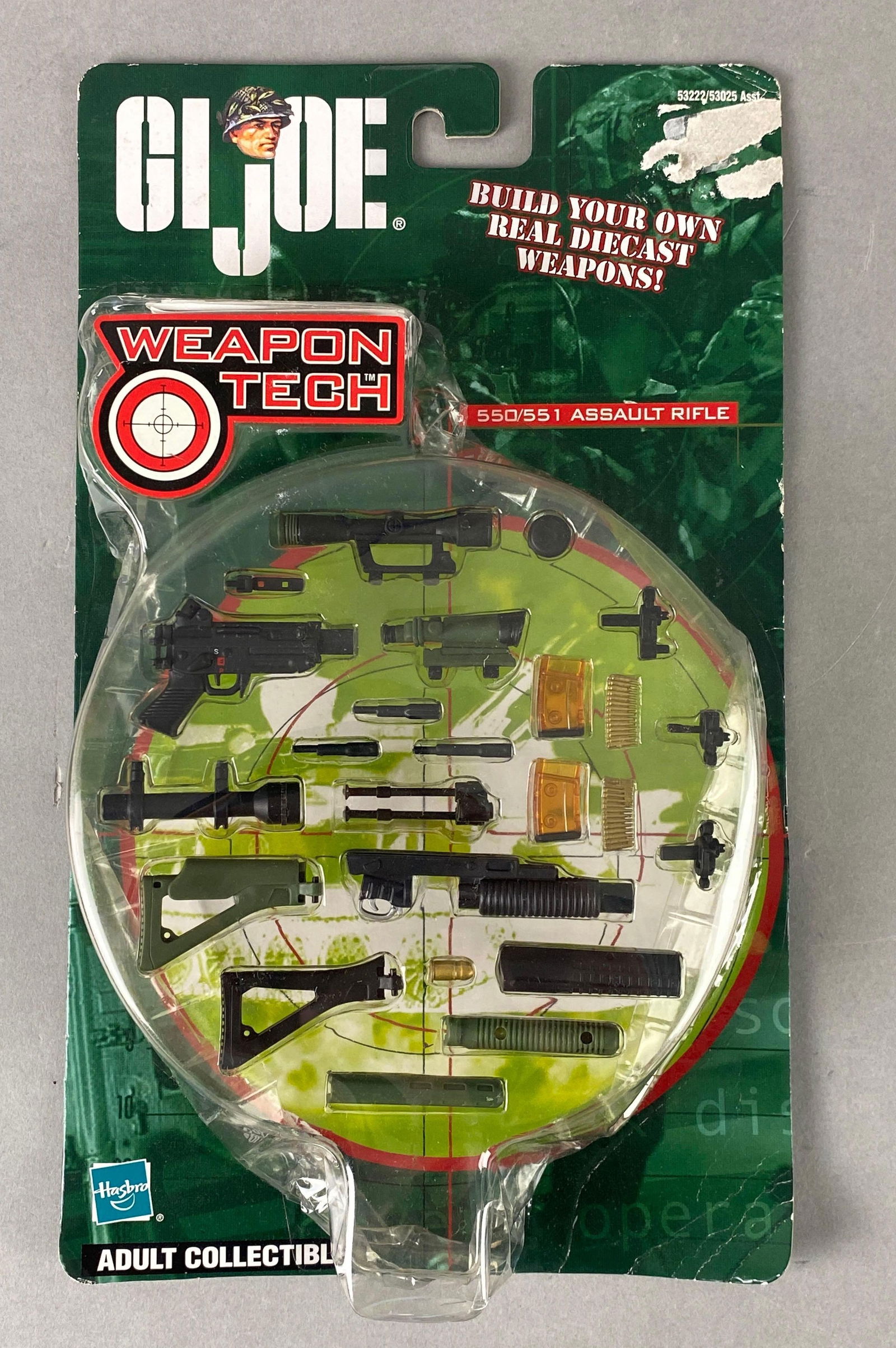 2002 Hasbro G I Joe Weapon Tech Diecast Toy 550/551 Assault Rifle Original Box: New in box. Box surface damage upper right apparently from tag removal and some creases. Box measures 12 x 7 x 2 inches.