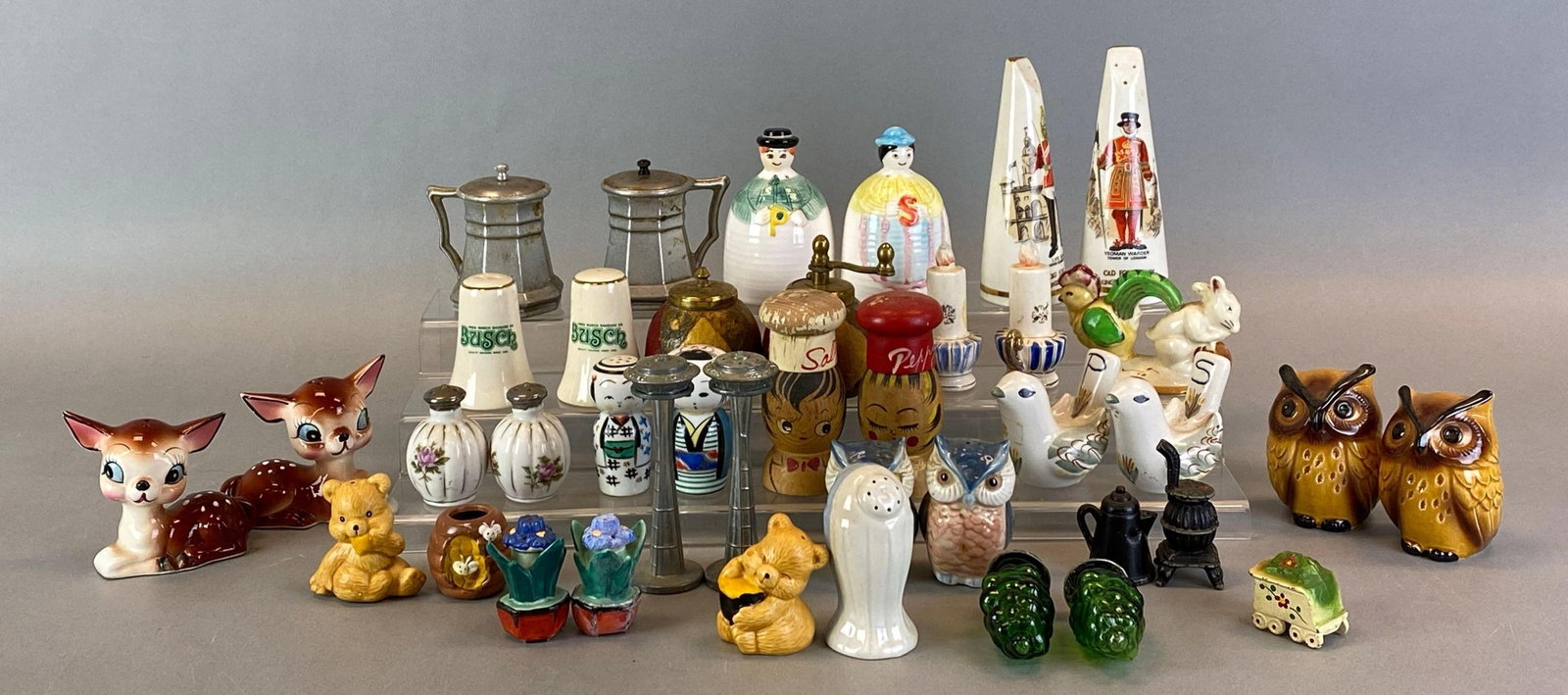 Group of Salt and Pepper Shakers: Includes animals, iconic building, mugs and more, largest measures 5 inches tall