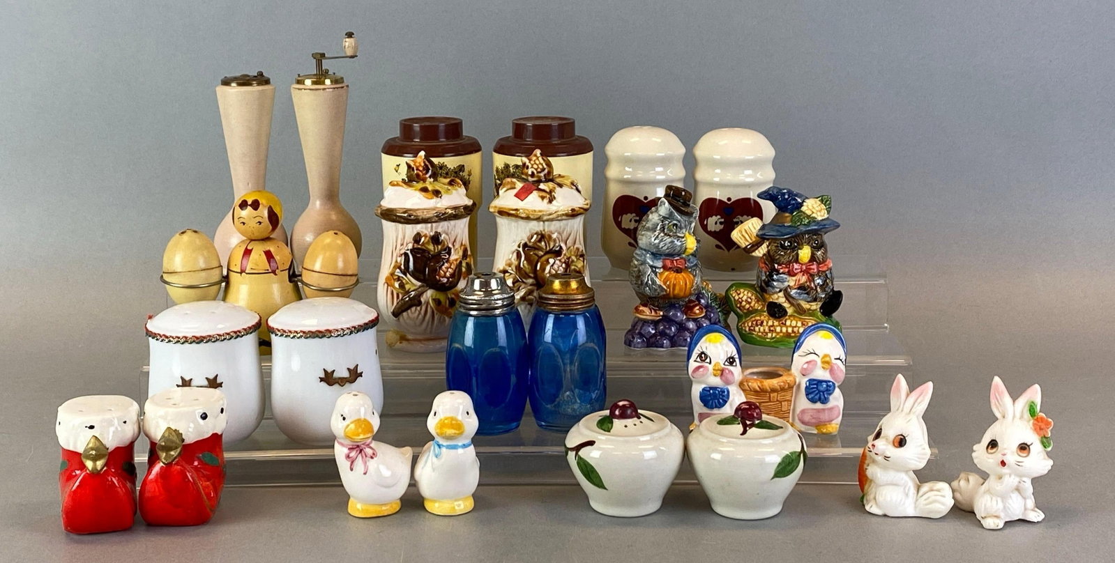Group of Salt and Pepper Shakers: Includes animals, grinders, Christmas elf boots and more, largest measures 6 inches tall