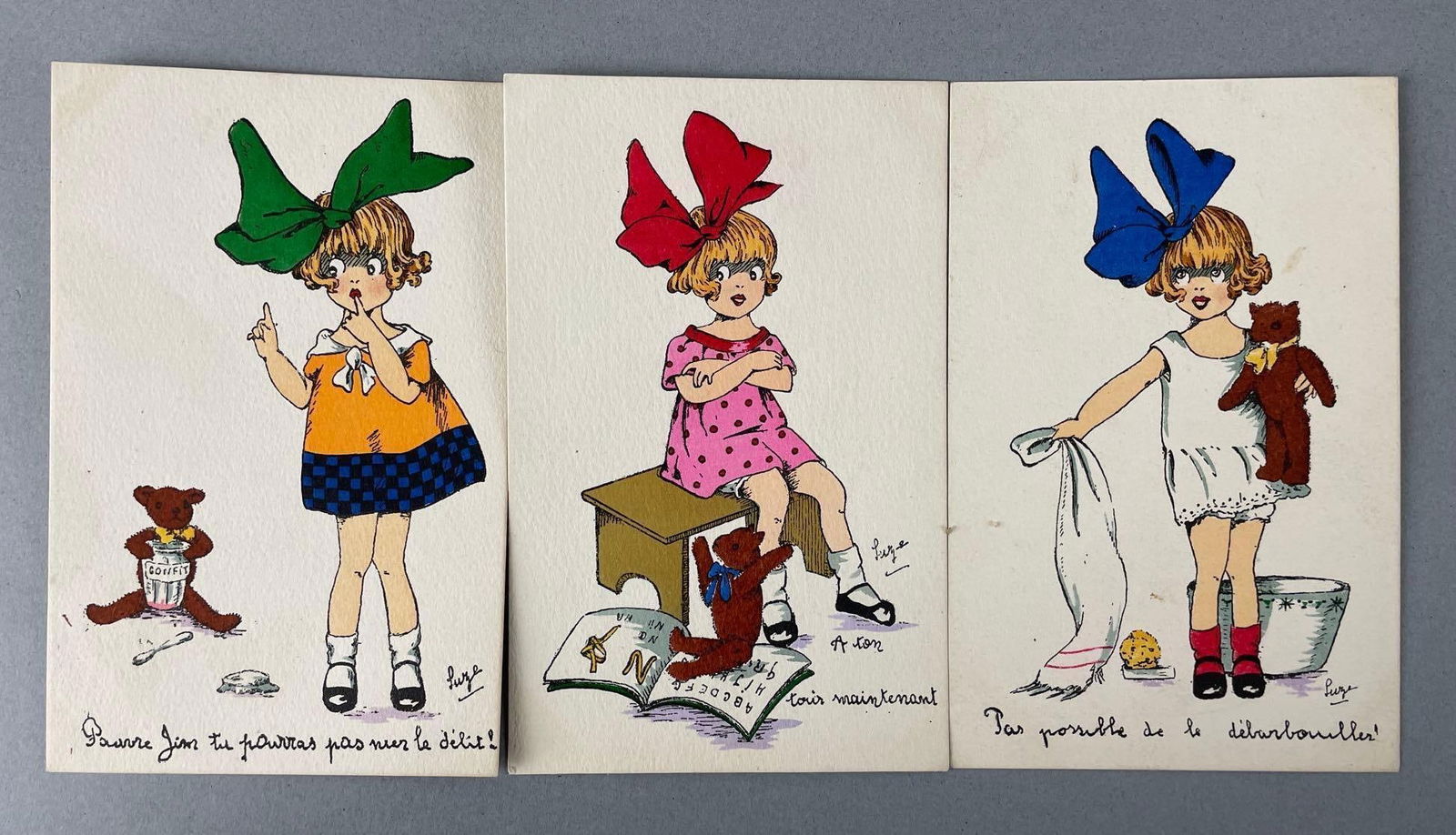 Postcards - 3 Luze Girls with Bows: Artist signed
