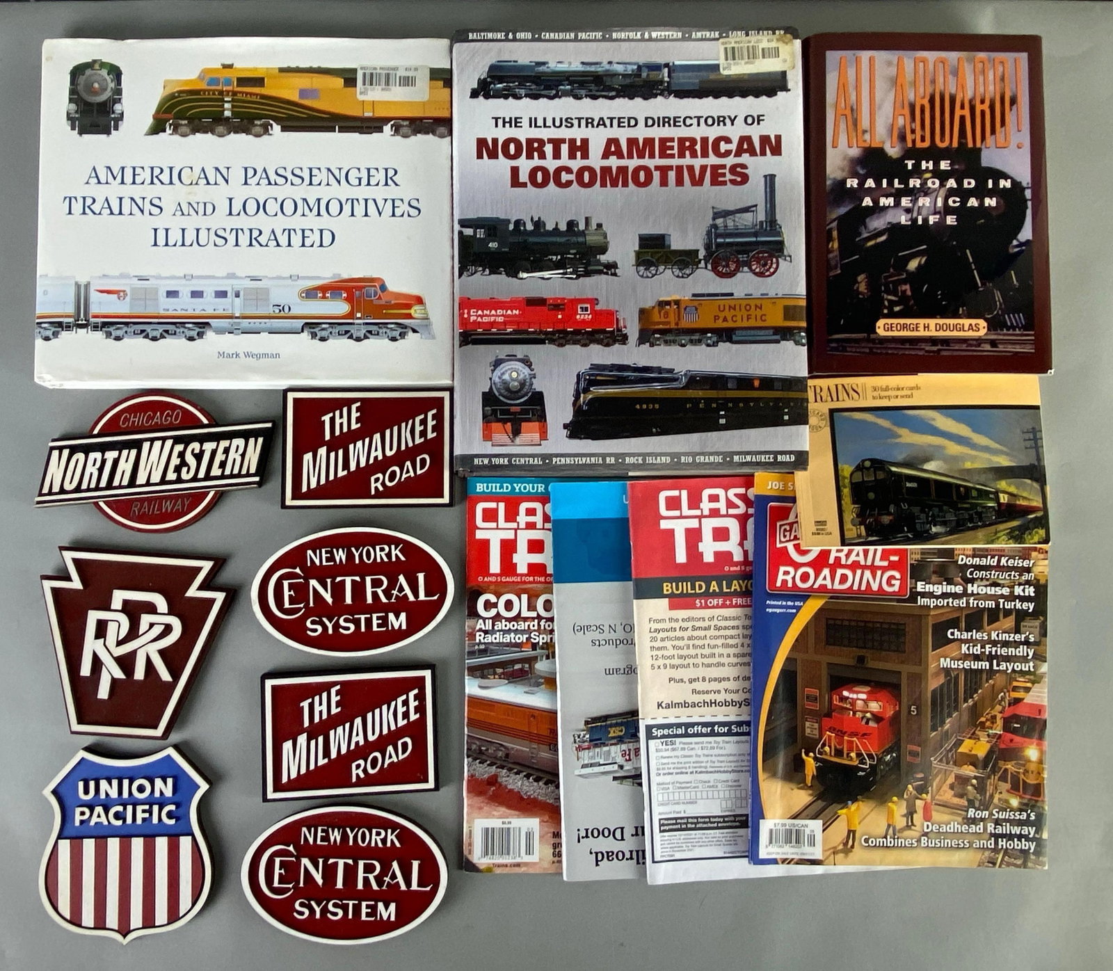 Group of 15 American Trains Magazines and More: Includes books, wood plaques and magazines, largest book measures 11 x 9 1/2 unches