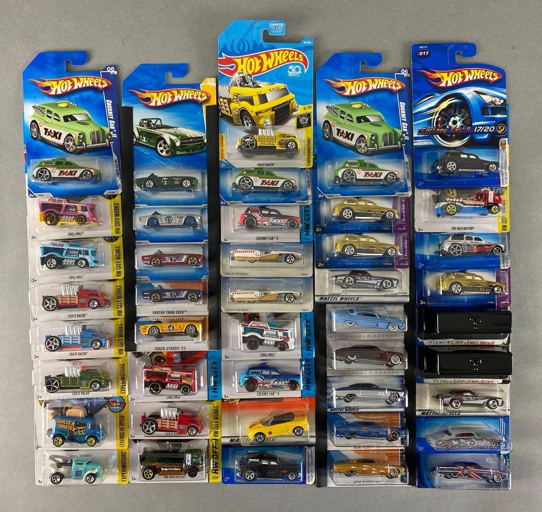 Group of 40+ Mattel Hot Wheels Die-Cast Cars: Includes Crate Racer, Cockney Gab II, Chill Mill and more, new in original packaging