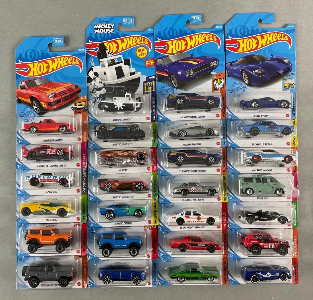 Group of 25+ Mattel Hot Wheels Die-Cast Vehicles: Includes Mickey Mouse steamboat, barracuda, Land Cruiser, and more