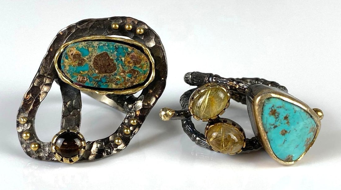 Group of 2 Sterling Silver Turquoise Rings: Both size 7 1/4.