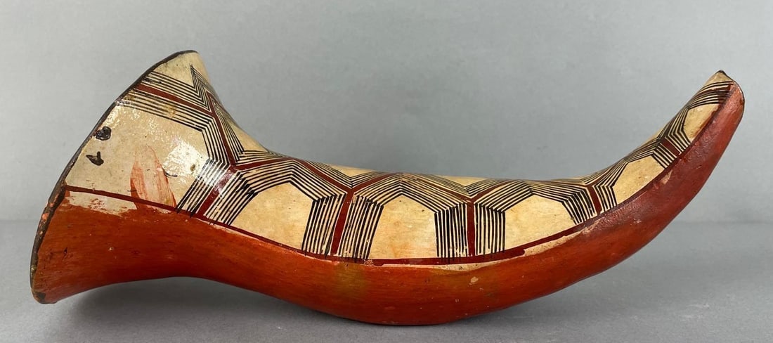 Latin American Hand Painted Pottery Horn: Measures 12 x 5 inches