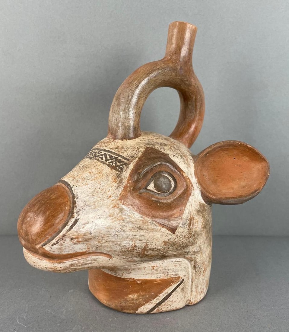 Latin American Llama Stirrup Spout Vessel: Hand painted , measures 7 1/2 x 6 x 5 3/4 inches