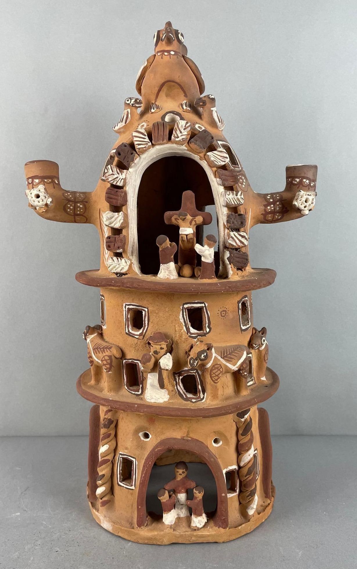 Peruvian Pottery Polychrome Processional Luminary: Measures 17 1/2 x 10 1/2 x 7 1/2 inches