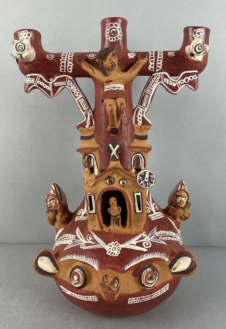 Peruvian Pottery Polychrome Processional Luminary: 2 breaks on front, measures 13 1/2 x 9 3/4 x 7 1/2 inches