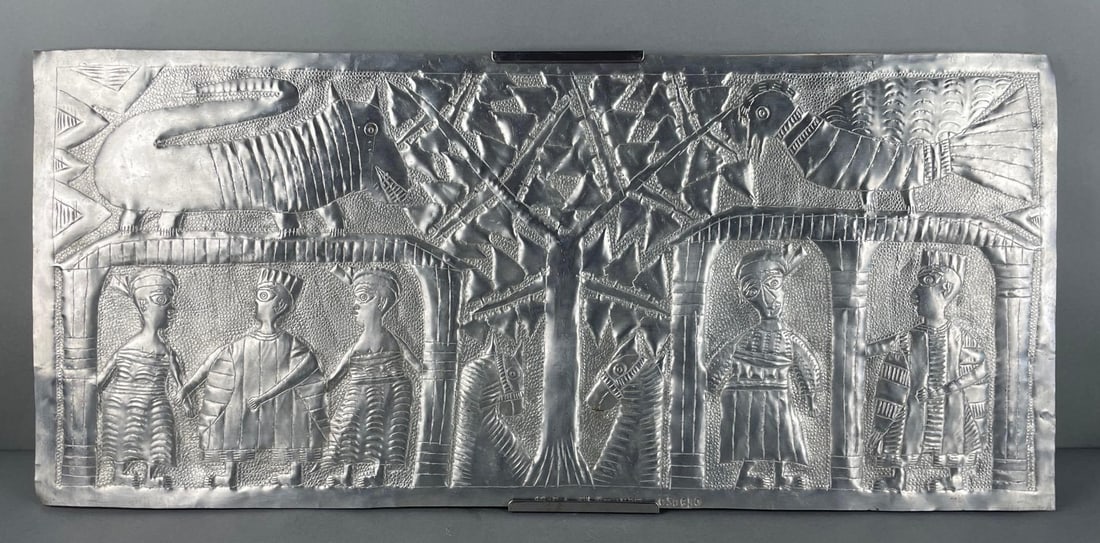 Signed Asiru Olatunde Osogbo Nigerian Aluminum Repousse Art Panel (1 of 4)