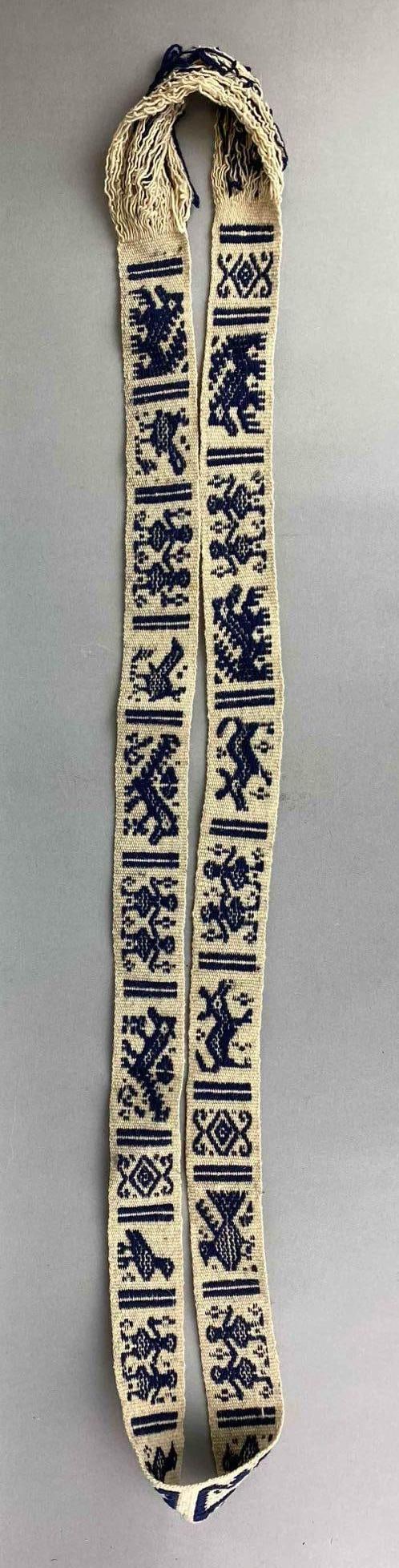 Latin American Hand Woven Chumpi Ceremonial Belt: Blue and cream colored. Measures 77 inches around.
