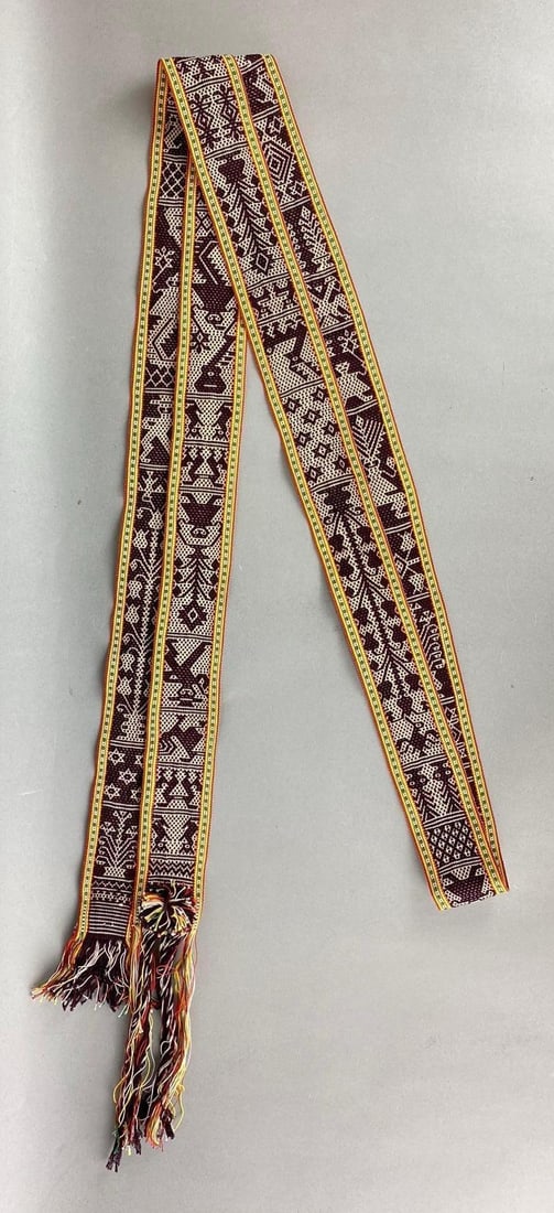 Latin American Hand Woven Chumpi Ceremonial Belt: Includes guitar, man, plant and more. Measures 108 x 2 1/4 inches.