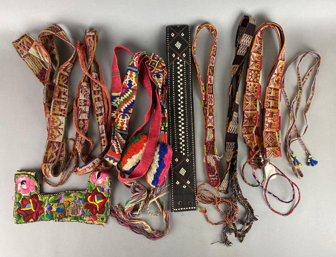 Group of 8 Latin American Faja Belts and More: Includes leather, Hand Woven and more largest measures 94 x 2 inches.