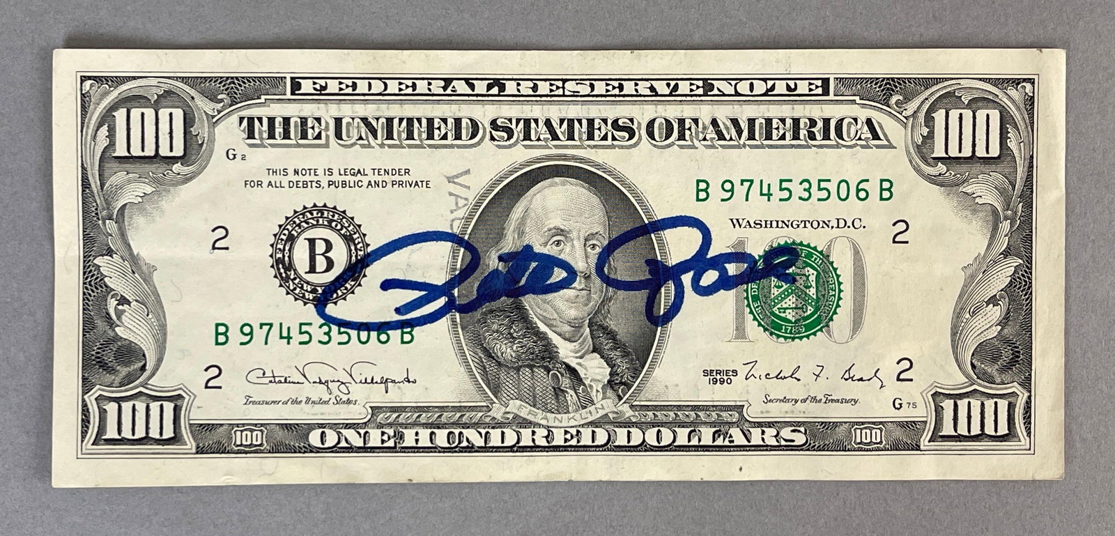 Pete Rose Signed 100 Dollar Bill with JSA COA: Autographed Pete Rose, with JSA COA, 1990 B series 100 dollar bill