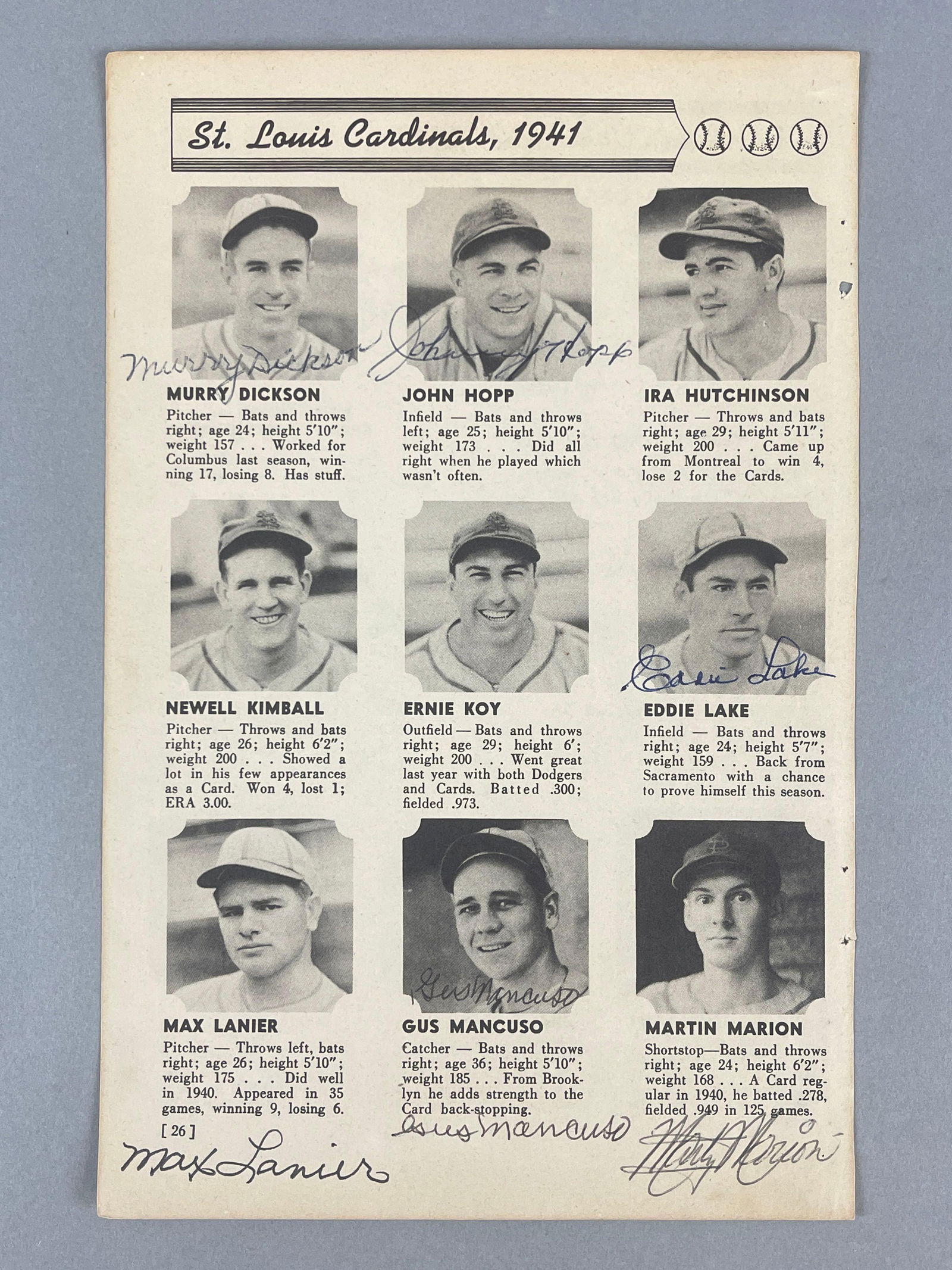 1941 St. Louis Cardinals Program Insert Signed By 6 Players (1 of 2)