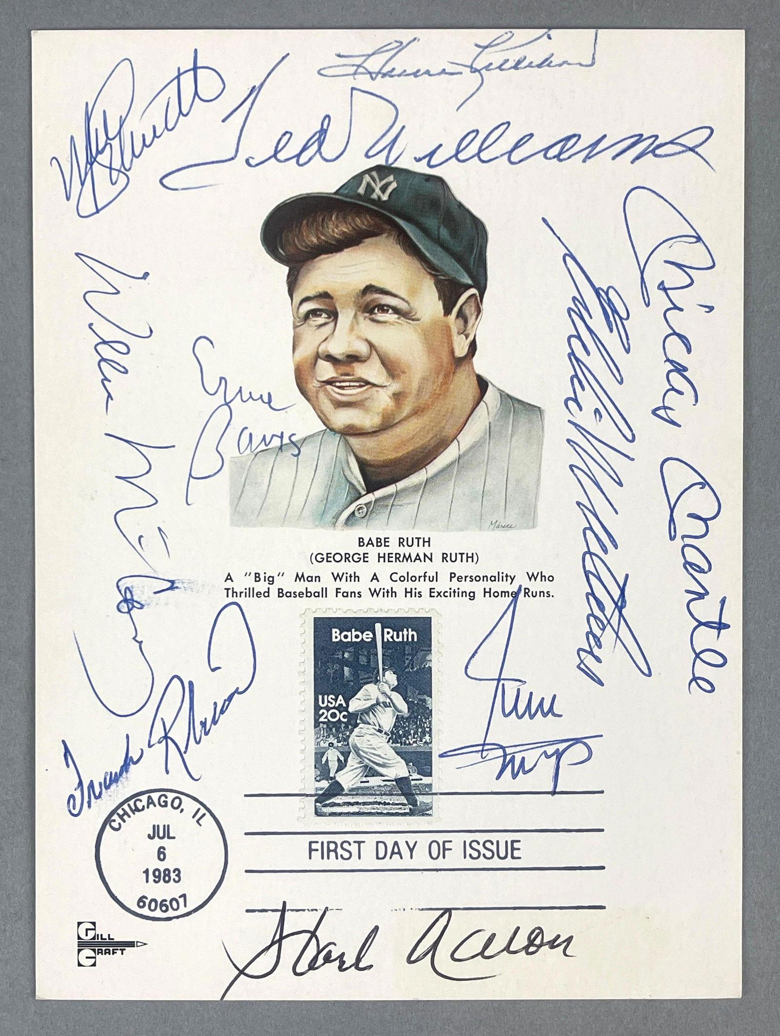 Babe Ruth Multi-Signed 1st Day Issue Gill Craft Card with 10 - 500 HR Club HOFs and JSA COA (1 of 3)