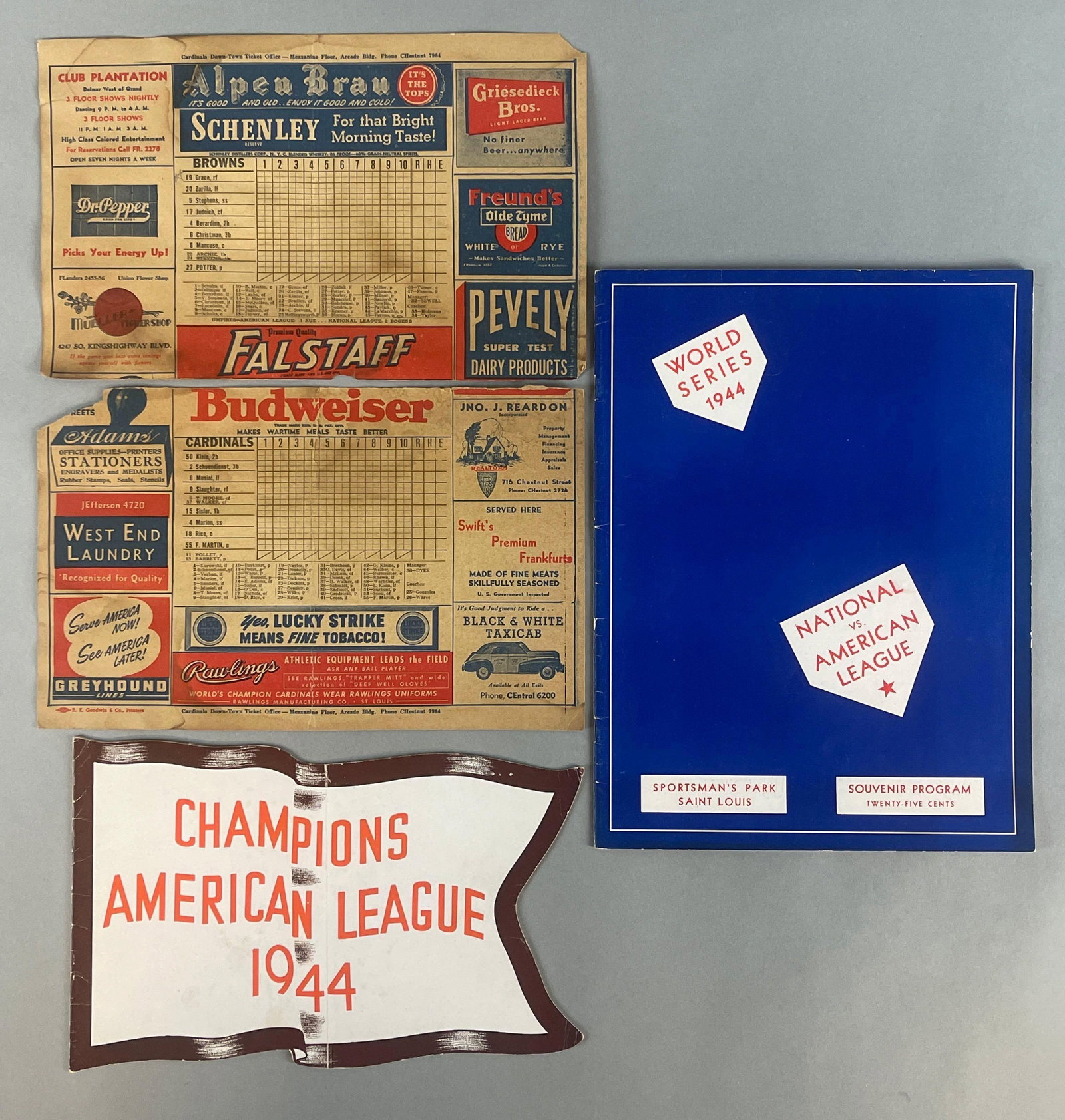 1944 World Series Program and Scorecard +1944 American League Champions Program - St. Louis Series: Here are 2 - 1944 St. Louis Series Program, St. louis Browns American League Champions and a World Series Cardinals program - unscored, scorecard in poor condition