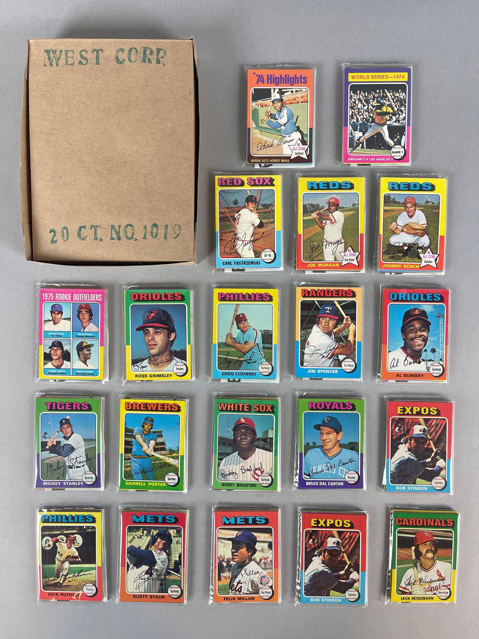 1975 Topps Baseball West Corps. Cello Fun Pack Vending Box of 20 with HOFs Showing (1 of 6)