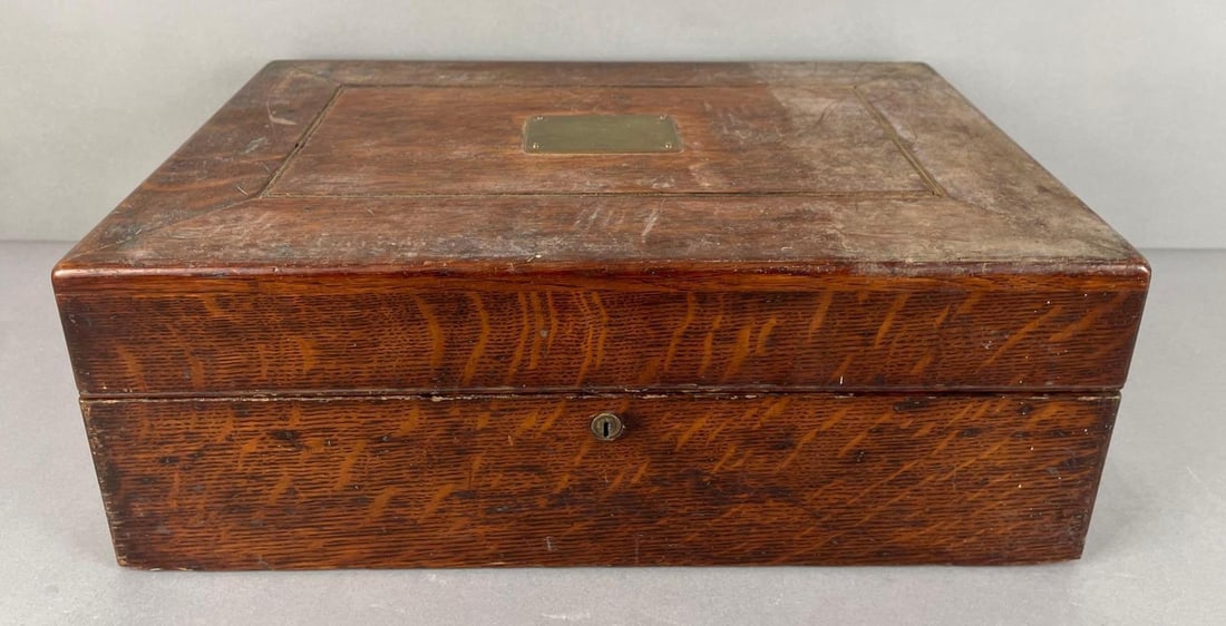 1910 Inscribed NY State Hospital Service Oak Doctors Box: Inscribed to prof. Adolf Meyer MD, includes key. Measures 6 3/4 x 18 1/2 x 12 1/4 inches