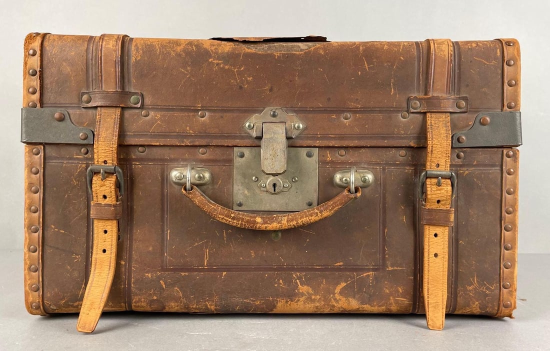 Antique Masonic Identified Leather / Wood Travel Trunk: Patented 1866, named on side, wear shown in pictures. Measures 11 x 18 3/4 x 12 inches