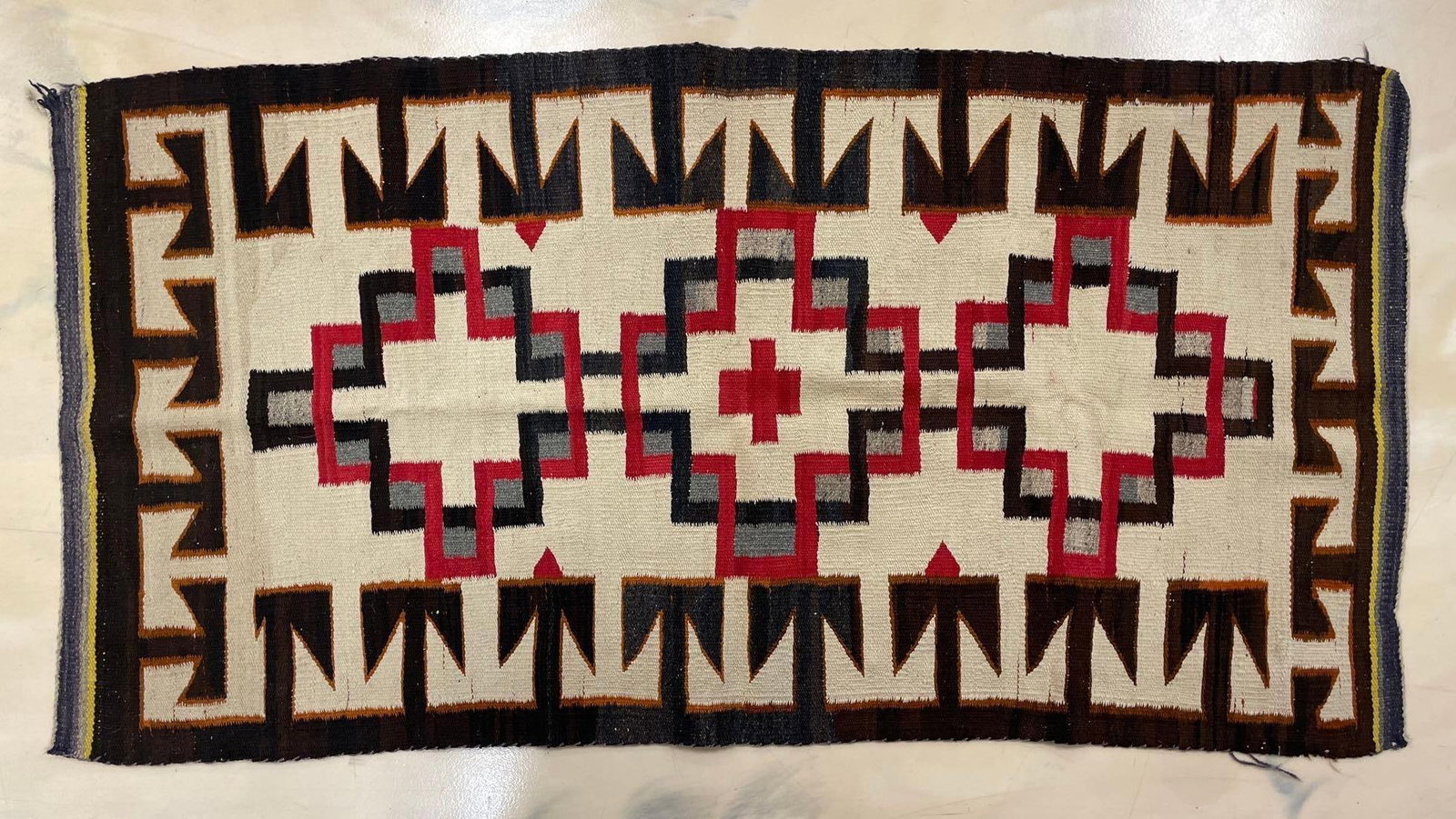 Native American Woven Rug: Smells of Moth Balls, Strong odor of moth balls, slightly misshapen, measures 57 x 29 1/2 inches