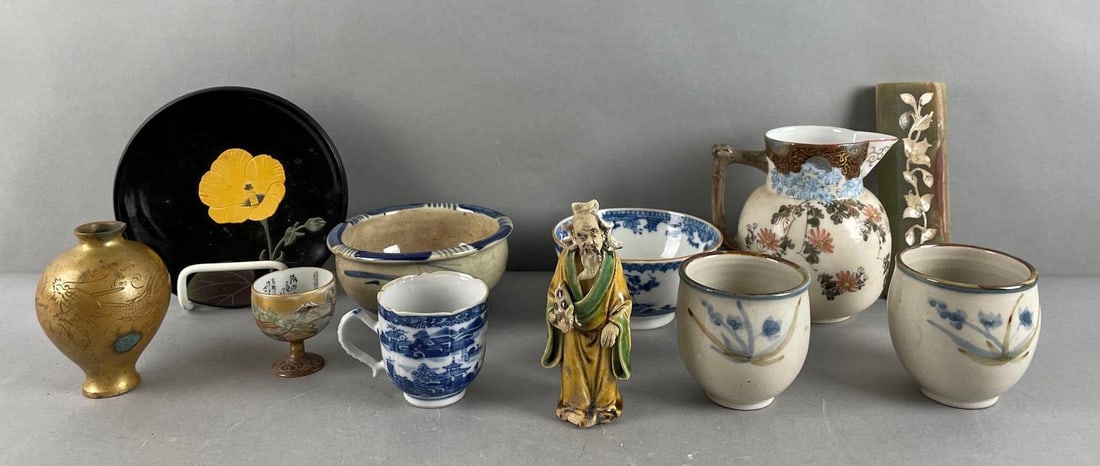 Group of Asian Porcelain Dishes and More: Some chips, figure has broken foot. Plate measures 6 inches