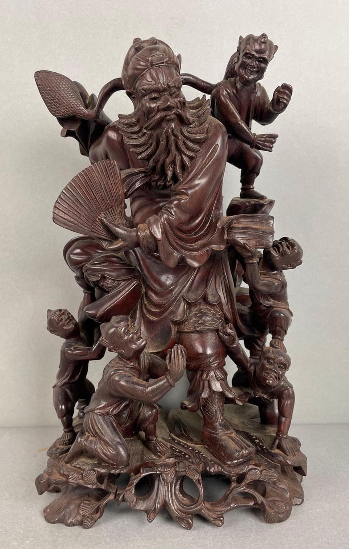 Chinese God Carved Wood Statue: Measures 10 3/4 x 6 1/2 x 4 3/4 inches