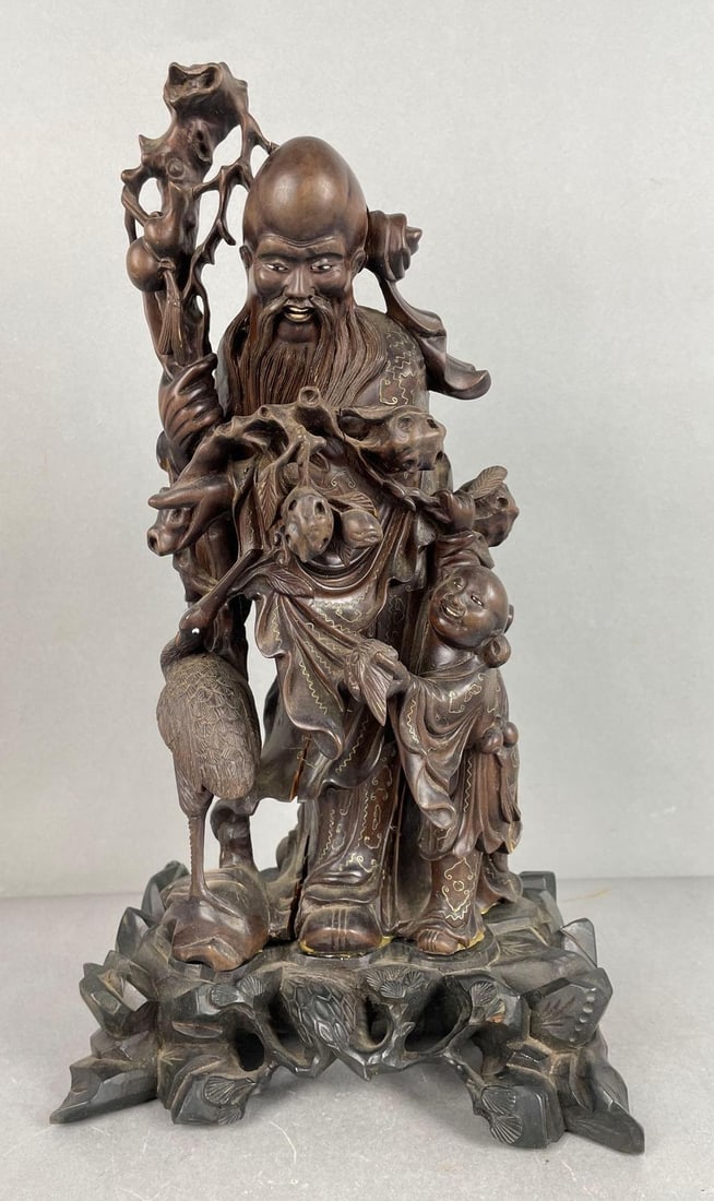 Chinese Man Carved Wood Statue: Some cracks and repairs, coming unglued from base. Measures 14 x 7 1/2 x 6 inches