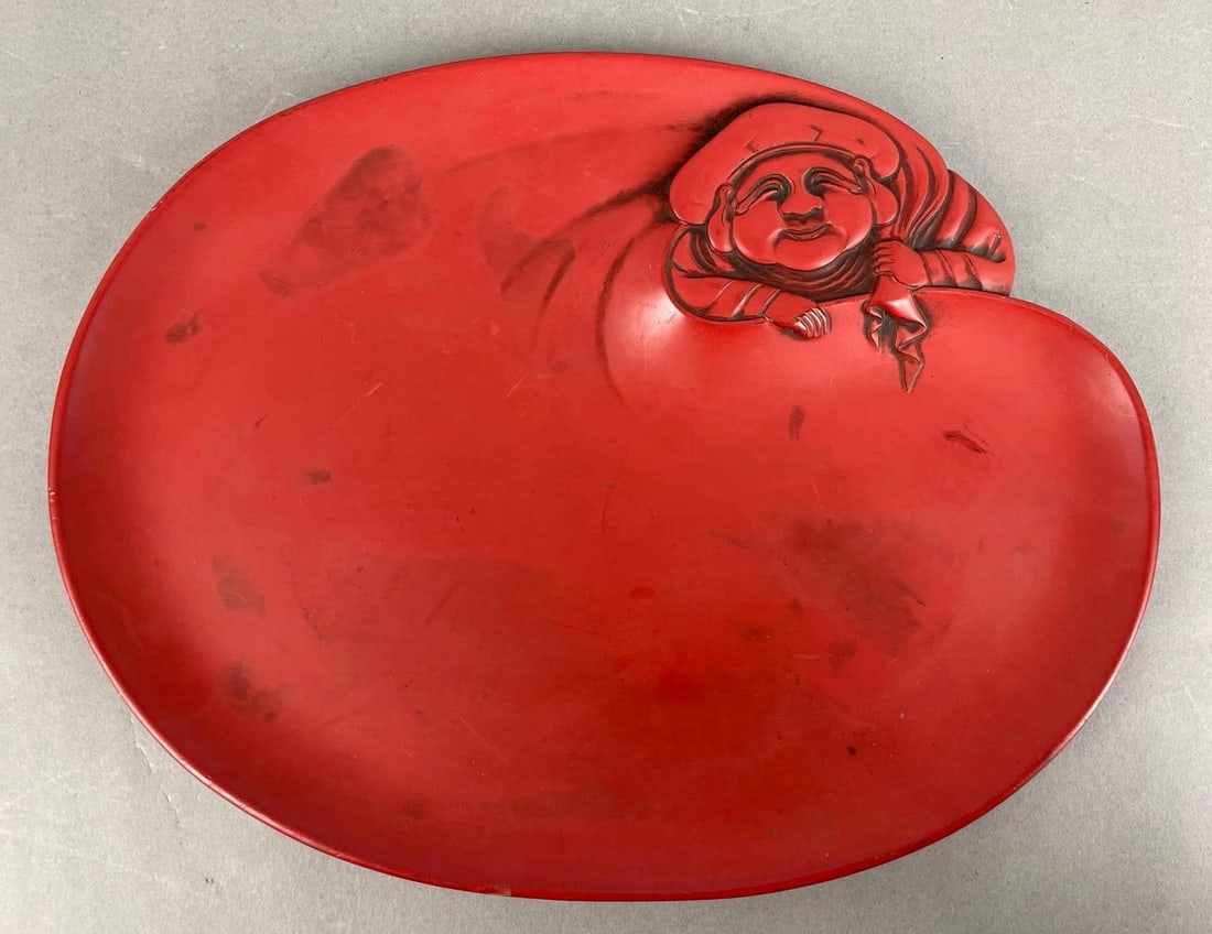 Asian Lacquered Man with Sack Platter: Measures 9 3/4 x 12 3/4 inches
