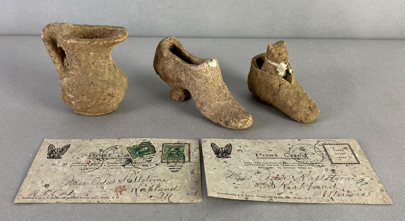 Group of 5 Antique Macerated Greenback Currency Souvenirs: Includes Pitcher, shoes and Postcards