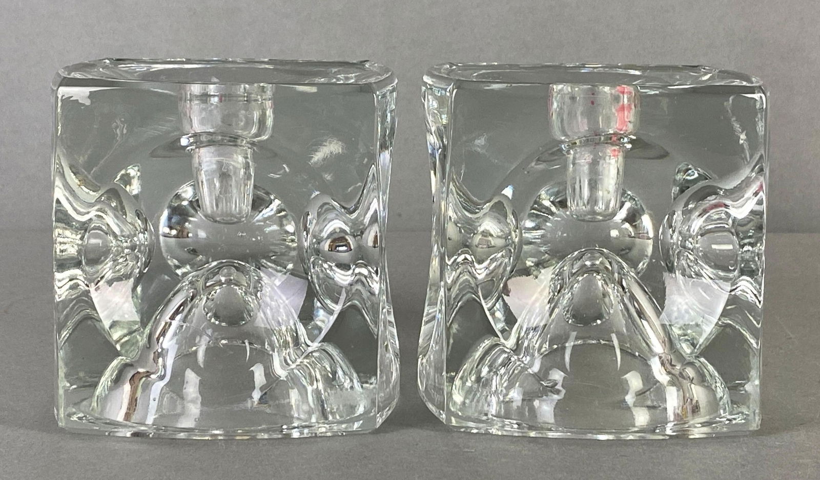 Pair of Crystal Glass Cube Candlesticks: Each measures 3 1/2 x 3 1/2 x 3 1/2 inches