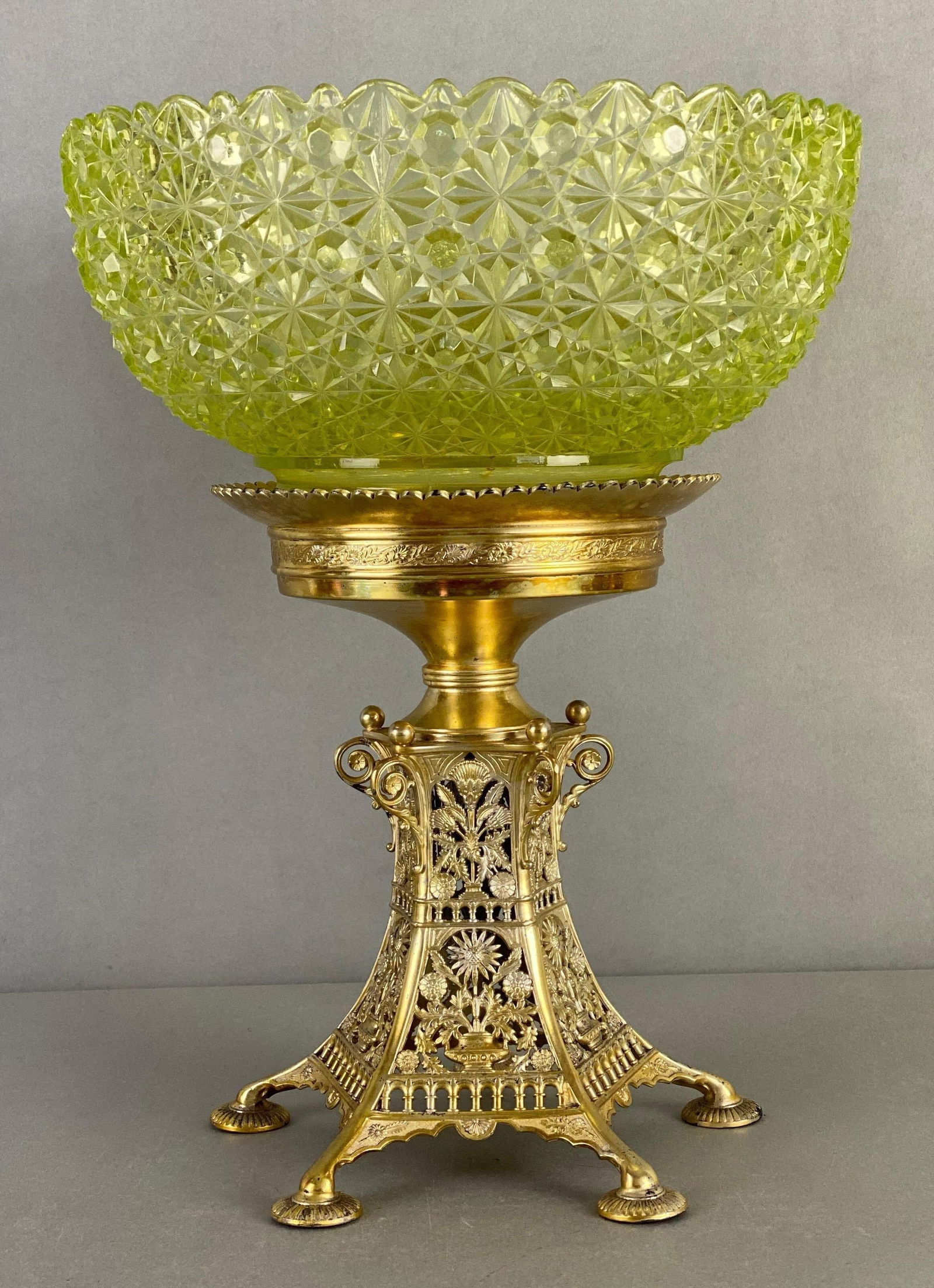 Vintage Vaseline Pressed Glass Bowl on Cast Gilt Pedestal (1 of 4)