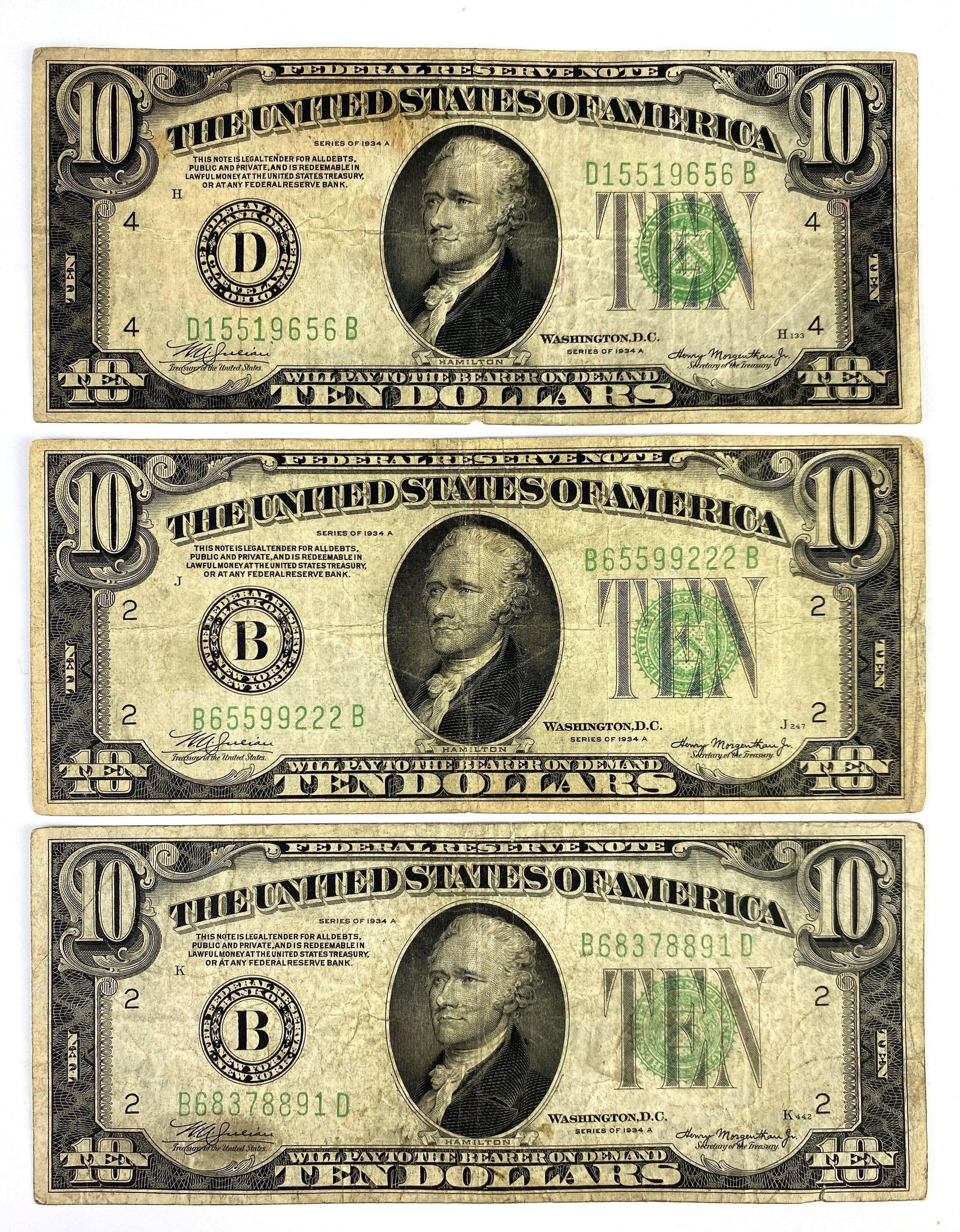Group of 3 1934 A $10 Federal Reserve Bank Notes (1 of 2)