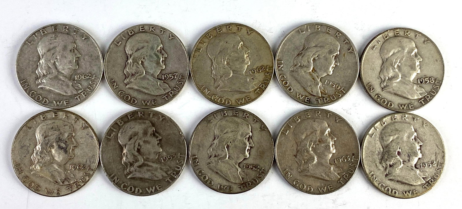 Group of 10 Franklin Silver Half Dollars: Group of 10 Franklin Silver Half Dollars