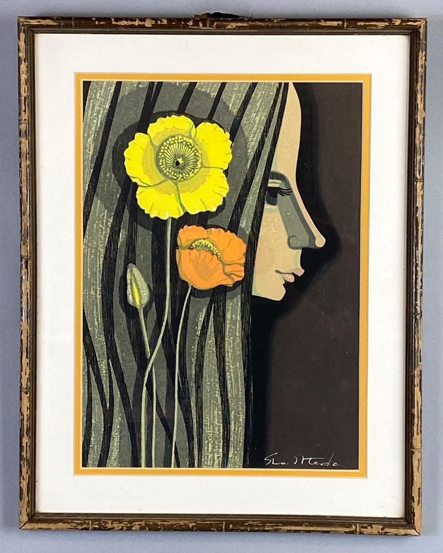Ikeda Shuzo Girl with Poppies Woodblock Print: Artists name printed on bottom right corner, Frame measures 19 x 15 inches, Woodblock measures 15 x 11 inches.