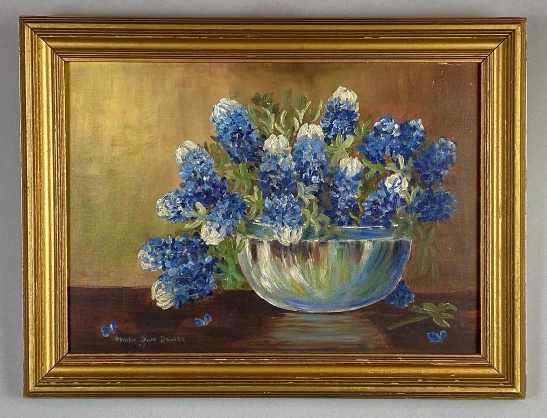 Marie Dam Boothe Blue Foxglove Still Live Oil Painting on Board: Artists signature on bottom left corner, Frame measures 12 1/2 x 16 1/2, Board measures 10 1/2 x 14 1/2 inches.