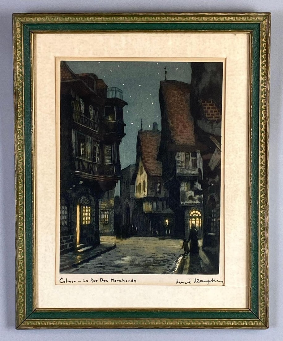 Louis Dauphin Colmar - La Rue Des Marchands Woodblock Print on Paper: Artists signature on bottom right corner, Frame measures 15 3/4 x 12 3/4 inches, Woodblock measures 12 x 9 inches.