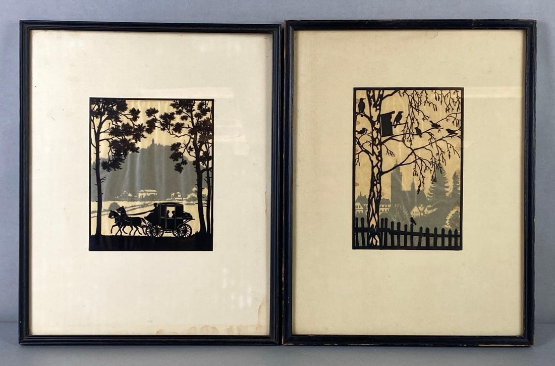 Group of 2 Cut-Out Paper Silhouette Artworks: Includes horse-drawn carriage, and bird feeder, Some moisture damage on both, Frames measure 13 1/4 x 10 1/4 inches.