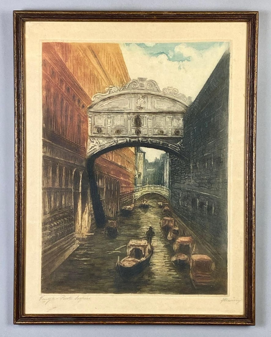 Artist Signed Venezia - Ponte Sospiri Colorized Etching on Paper: Artists signature on bottom right corner, Frame measures 24 x 18 1/2 inches, Etching measures 23 x 17 1/2 inches.