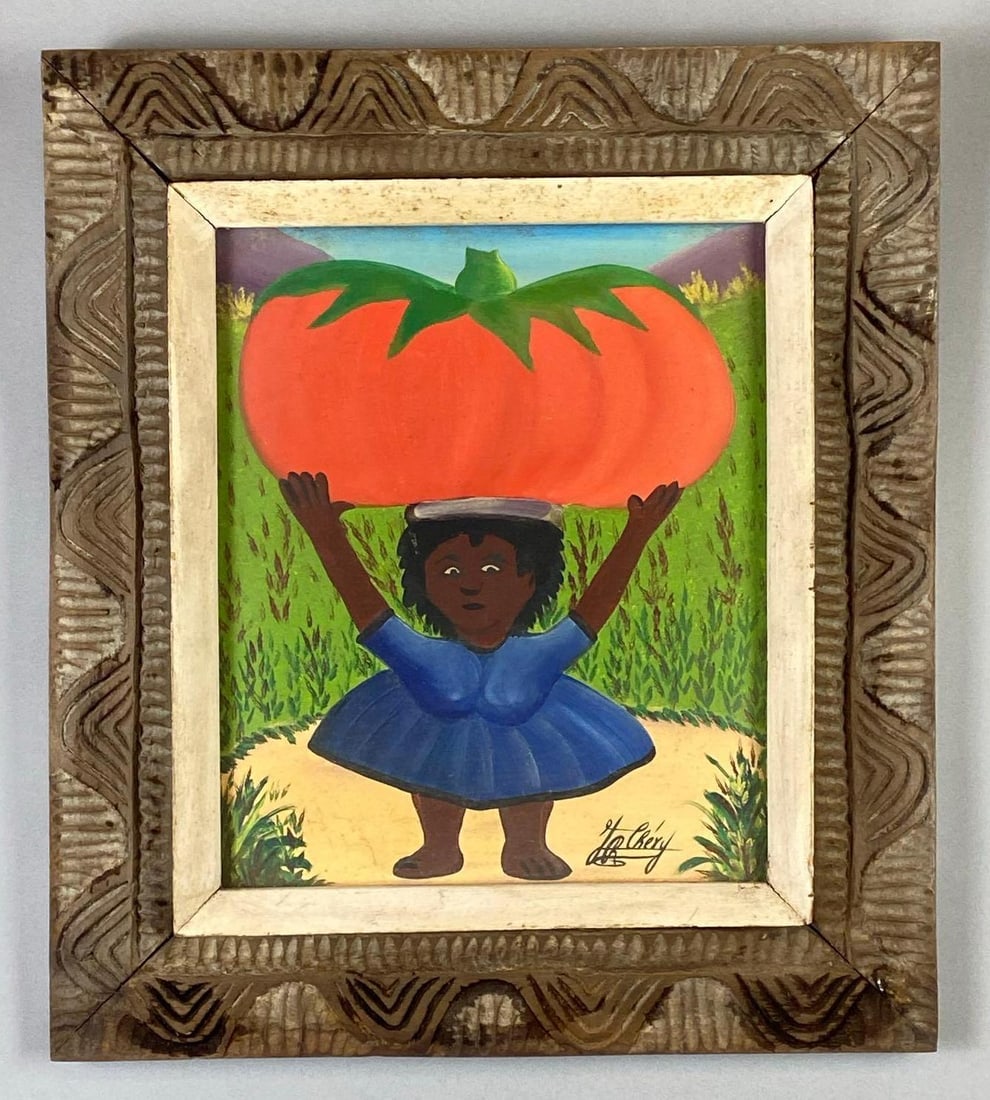 Haitian Jean-Rene Cherry Woman with Tomato Oil Painting on Board: Artists signature on bottom right corner, Frame measures 17 1/2 x 15 1/2 inches, Board measures 12 x 10 inches.