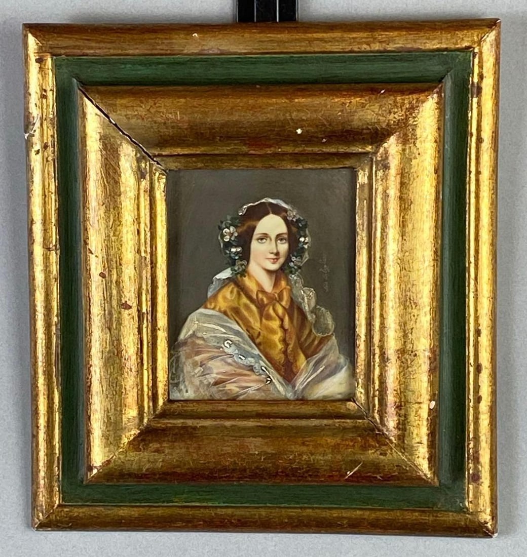 Artist Signed Victorian Woman Oil Painting Miniature Portrait: Artists signature on right side, Frame measures 8 1/2 x 7 3/4 inches, Painting measures 4 1/2 x 3 1/2 inches.