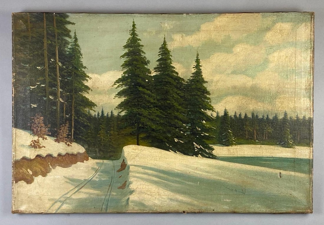 Winter Pathway Oil Painting on Canvas: Unsigned, Hole cut on bottom right corner, Craquelure, Small tear along bottom edge, Canvas measures 20 x 30 inches.