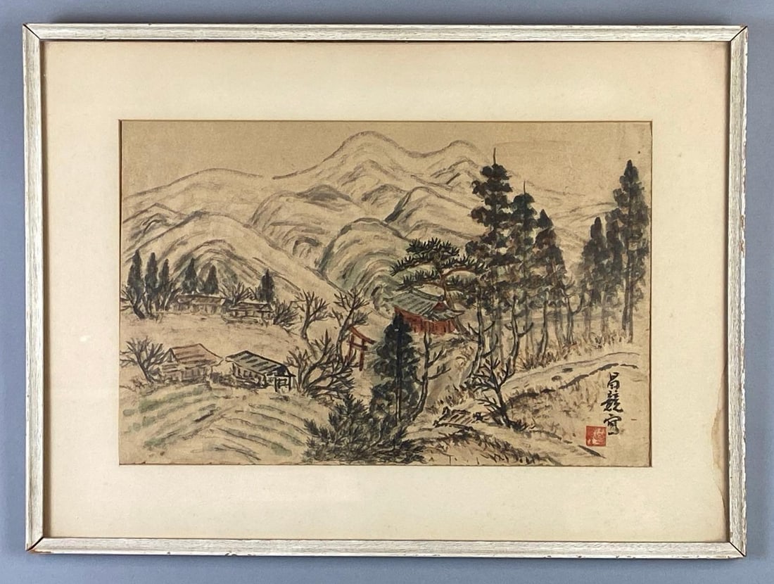 Eastern Asian Landscape Charcoal Drawing on Paper (1 of 3)