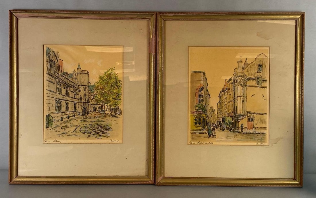 Group of 2 Artist Signed Paris Street Scene Colored Etchings on Paper (1 of 4)