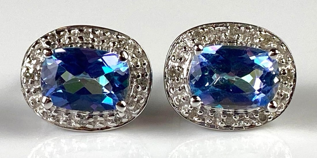 Pair of 10K White Gold Blue Rainbow Topaz and Diamond Stud Earrings (1 of 4)