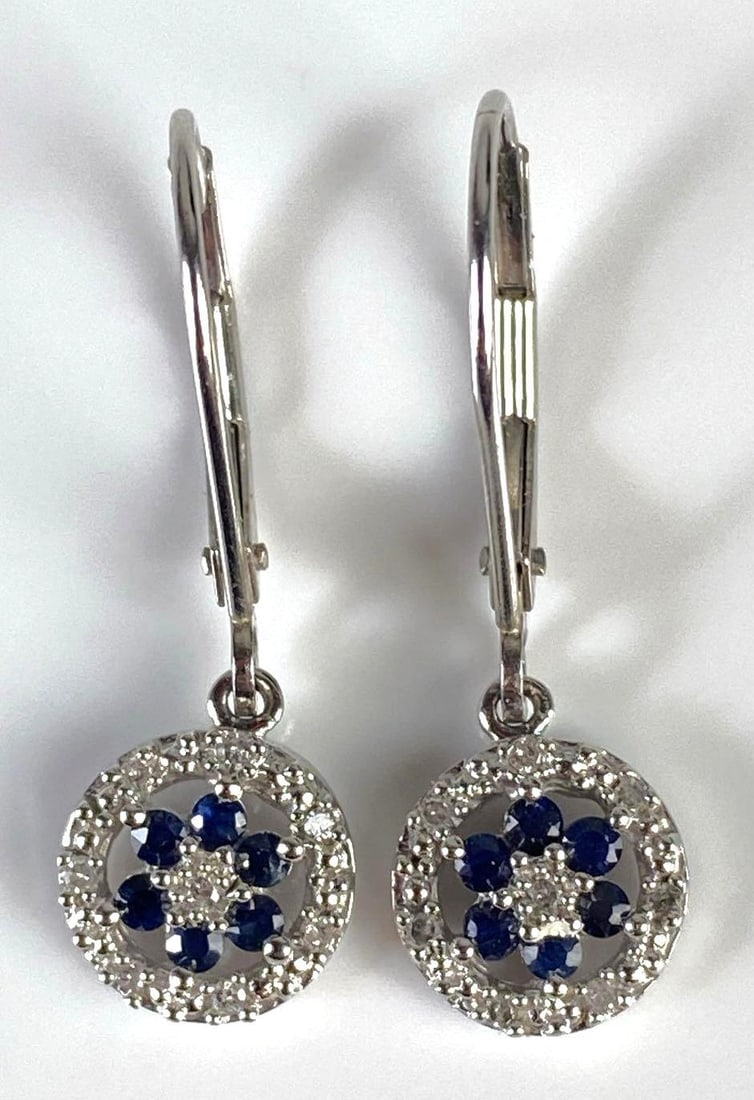 Pair of 10K White Gold Blue Spinel Diamond Clasp Earrings (1 of 4)
